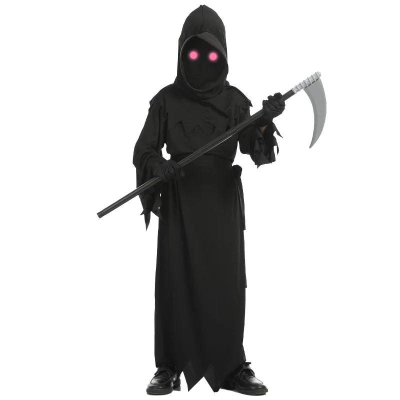 Kids Grim Reaper Halloween Costume with Glowing Red Eyes Creepy Phantom Costume Halloween Scary Costume for Halloween Cosplay