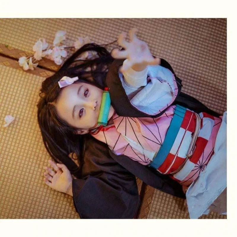 Anime Kamado Nezuko Cosplay Costume  Costumes Kimono Haori Wig Clogs Suit for Adult Kids Halloween