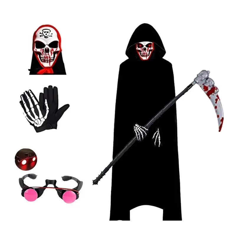 Adults Halloween Scythe Gloves Reaper Costume Set with Skull Mask Hooded Robe Blood Drip Mask for Kids Unisex Party Cosplay