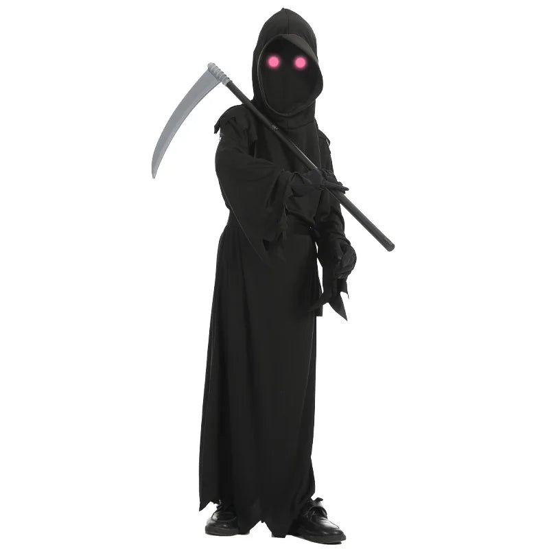 Kids Grim Reaper Halloween Costume with Glowing Red Eyes Creepy Phantom Costume Halloween Scary Costume for Halloween Cosplay