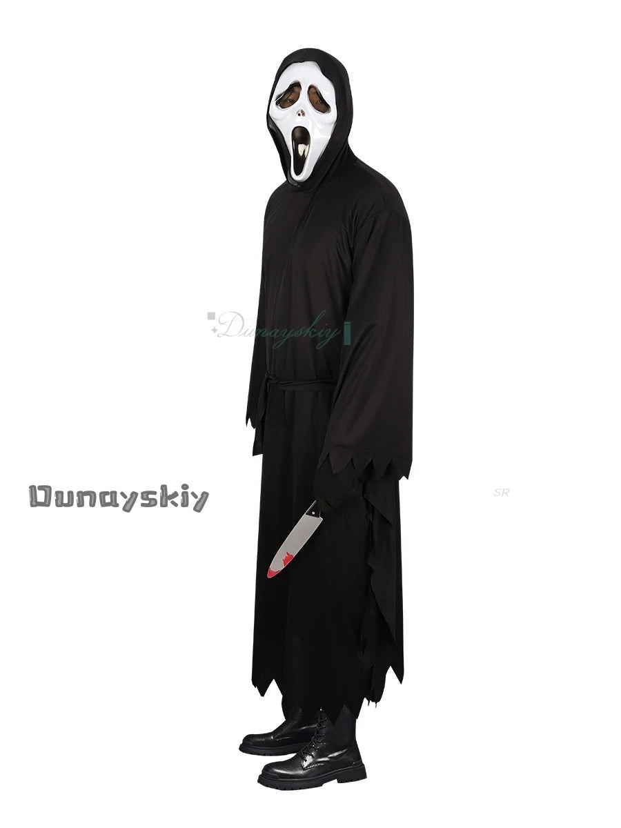 {Anna zhang Online}Scream GhostFace Cosplay Costume Children Fancy Dress Skull Mask Black Long Robe Halloween Party  Adult Kid