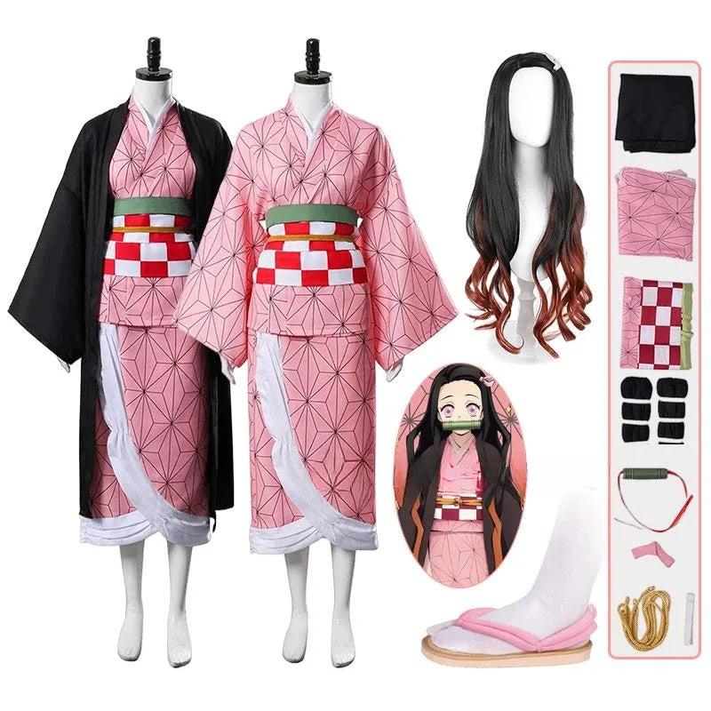 Anime Kamado Nezuko Cosplay Costume  Costumes Kimono Haori Wig Clogs Suit for Adult Kids Halloween