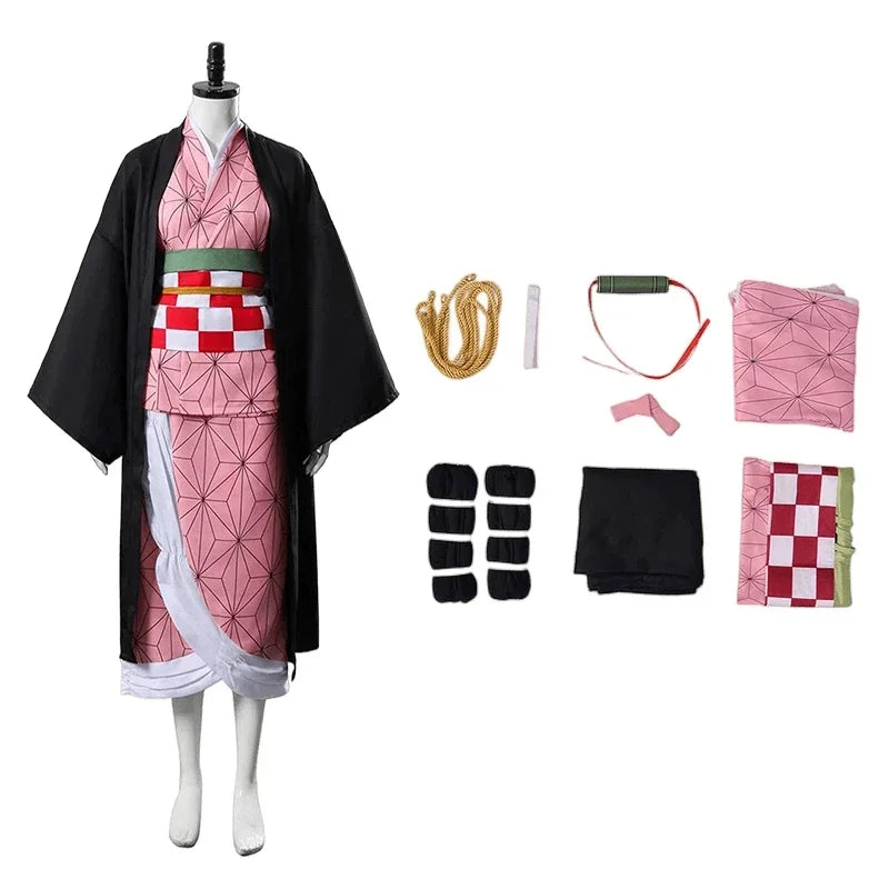 Anime Kamado Nezuko Cosplay Costume  Costumes Kimono Haori Wig Clogs Suit for Adult Kids Halloween