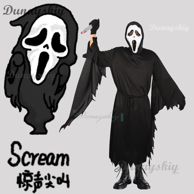 Scream GhostFace Cosplay Costume Skull Mask Black Long Robe Halloween Horror Party Adult Kid Fancy Dress
