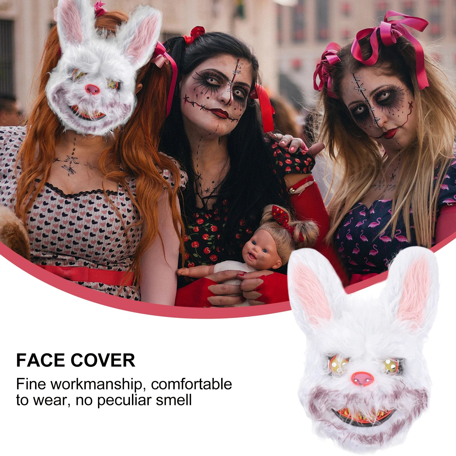 1pc Halloween Bunny Mask Adult Kids Rabbit Face Glowing Scary Costume Decor Creepy Masks for Party Stage Performance