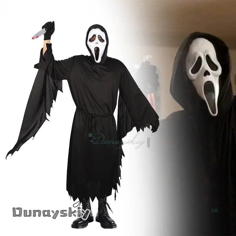 {Anna zhang Online}Scream GhostFace Cosplay Costume Children Fancy Dress Skull Mask Black Long Robe Halloween Party  Adult Kid