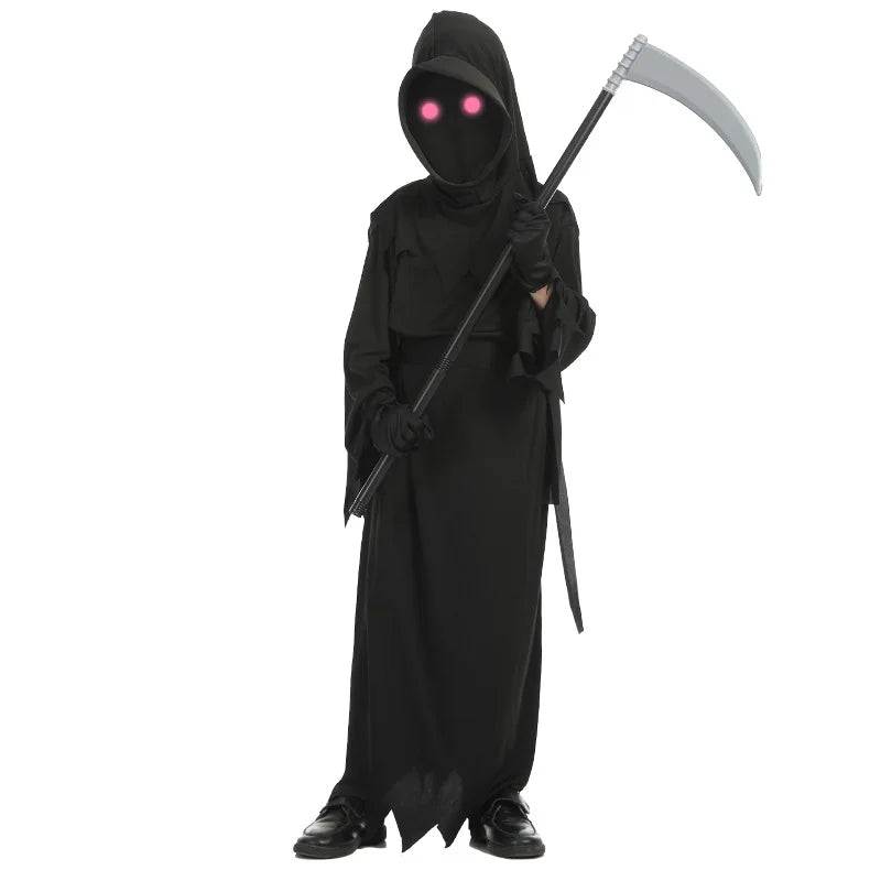Kids Grim Reaper Halloween Costume with Glowing Red Eyes Creepy Phantom Costume Halloween Scary Costume for Halloween Cosplay