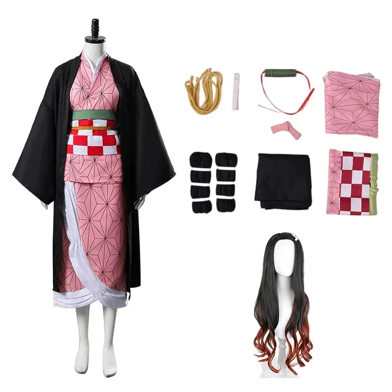 Anime Kamado Nezuko Cosplay Costume  Costumes Kimono Haori Wig Clogs Suit for Adult Kids Halloween
