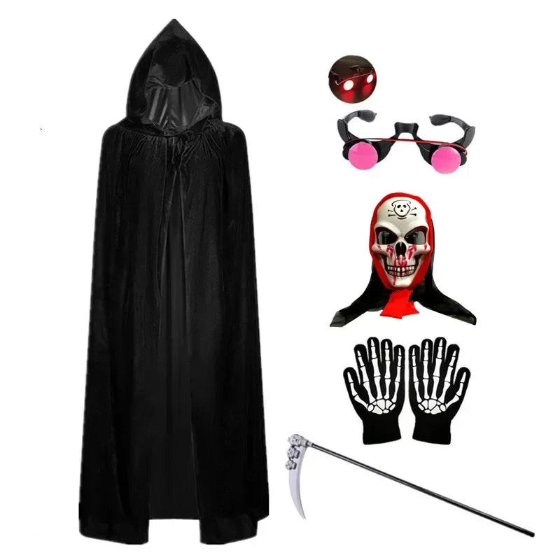 Adults Halloween Scythe Gloves Reaper Costume Set with Skull Mask Hooded Robe Blood Drip Mask for Kids Unisex Party Cosplay