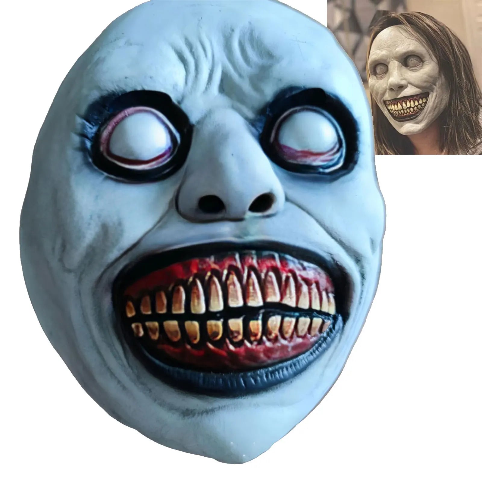 Horror Latex Mask Scary Smiles Demons Creepy Mask for Adult Kids Halloween Cosplay Costumes Carnival Party Props White Eye Masks
