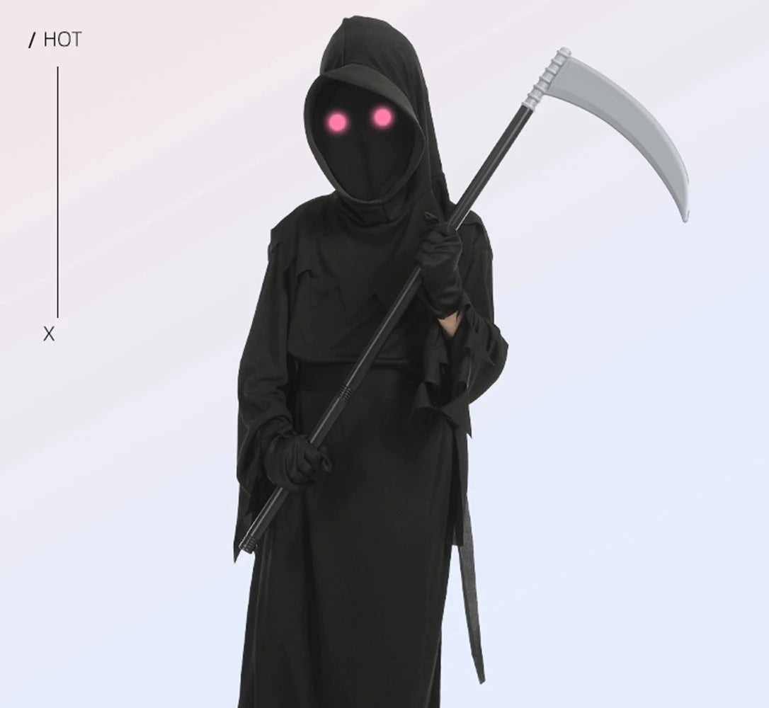 Kids Grim Reaper Halloween Costume with Glowing Red Eyes Creepy Phantom Costume Halloween Scary Costume for Halloween Cosplay