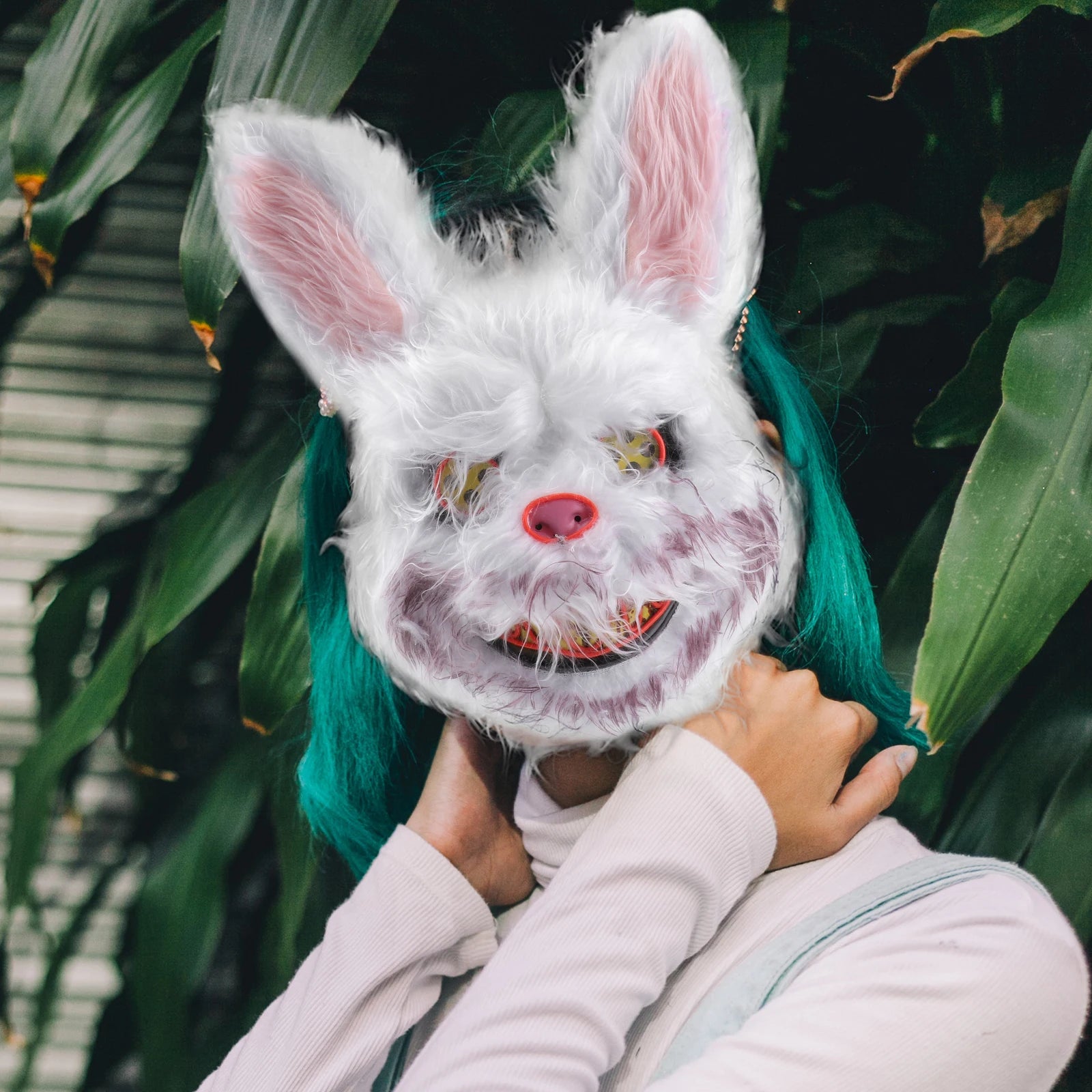 1pc Halloween Bunny Mask Adult Kids Rabbit Face Glowing Scary Costume Decor Creepy Masks for Party Stage Performance