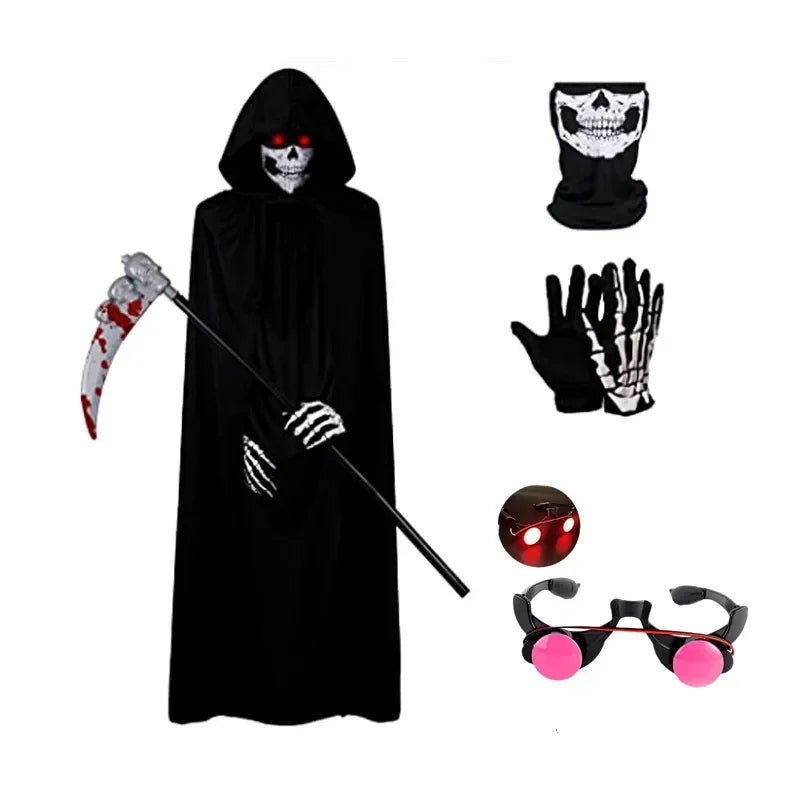 Adults Halloween Scythe Gloves Reaper Costume Set with Skull Mask Hooded Robe Blood Drip Mask for Kids Unisex Party Cosplay