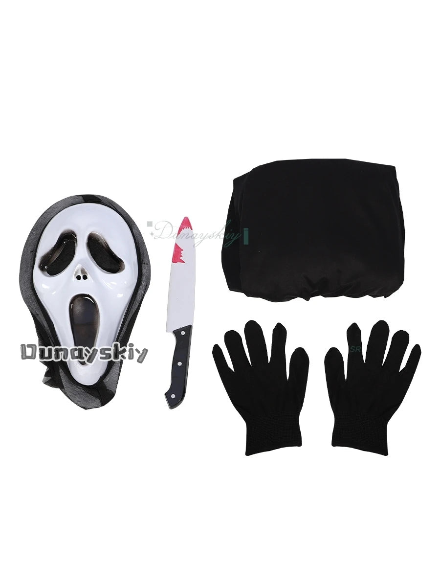 {Anna zhang Online}Scream GhostFace Cosplay Costume Children Fancy Dress Skull Mask Black Long Robe Halloween Party  Adult Kid