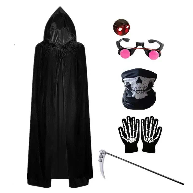Adults Halloween Scythe Gloves Reaper Costume Set with Skull Mask Hooded Robe Blood Drip Mask for Kids Unisex Party Cosplay