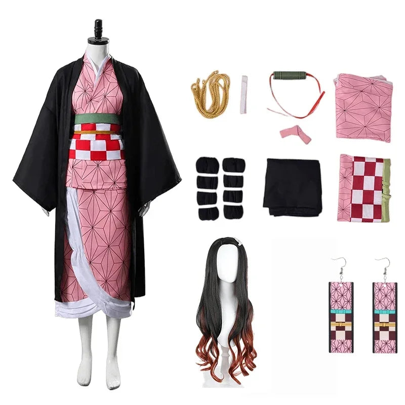 Anime Kamado Nezuko Cosplay Costume  Costumes Kimono Haori Wig Clogs Suit for Adult Kids Halloween