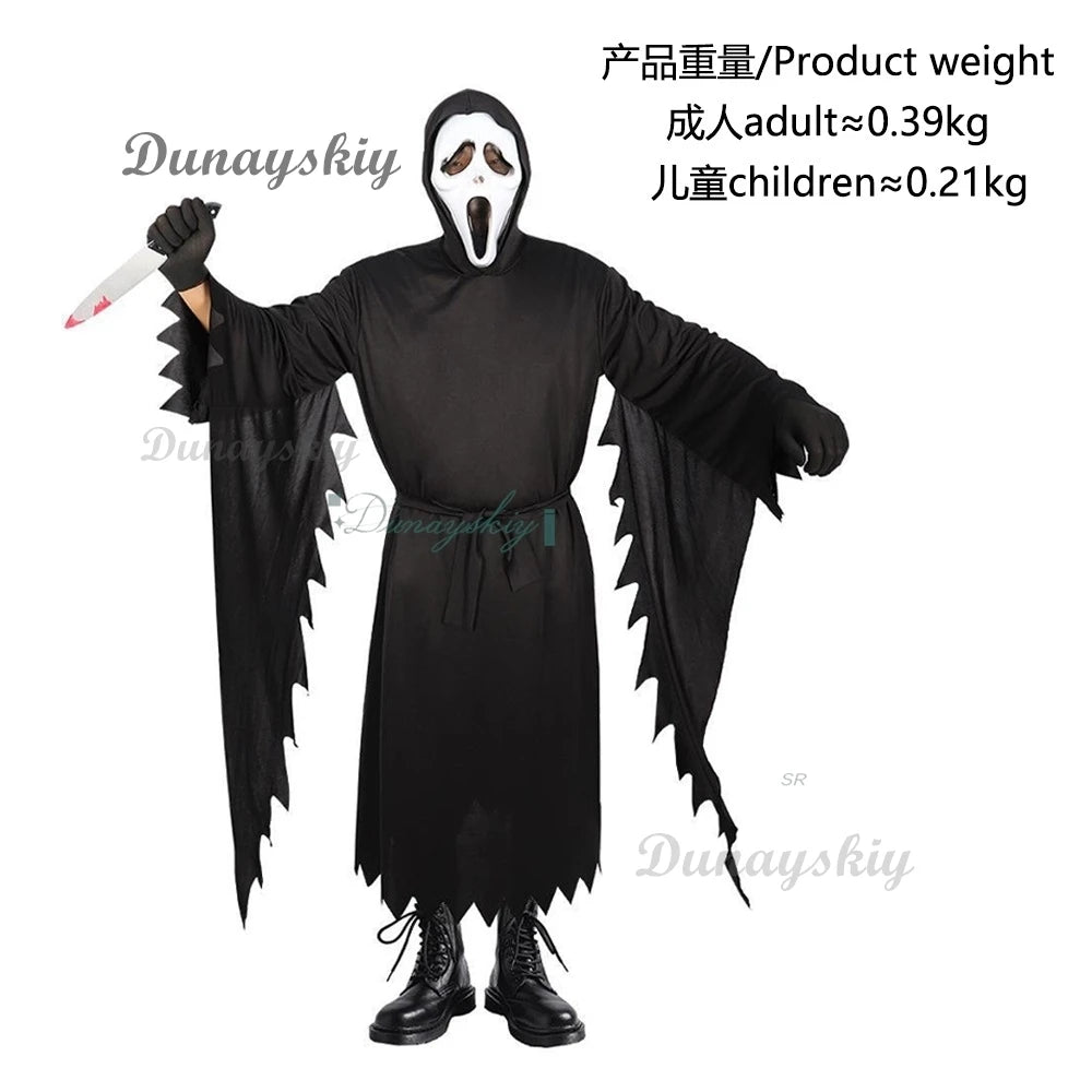 Scream GhostFace Cosplay Costume Skull Mask Black Long Robe Halloween Horror Party Adult Kid Fancy Dress
