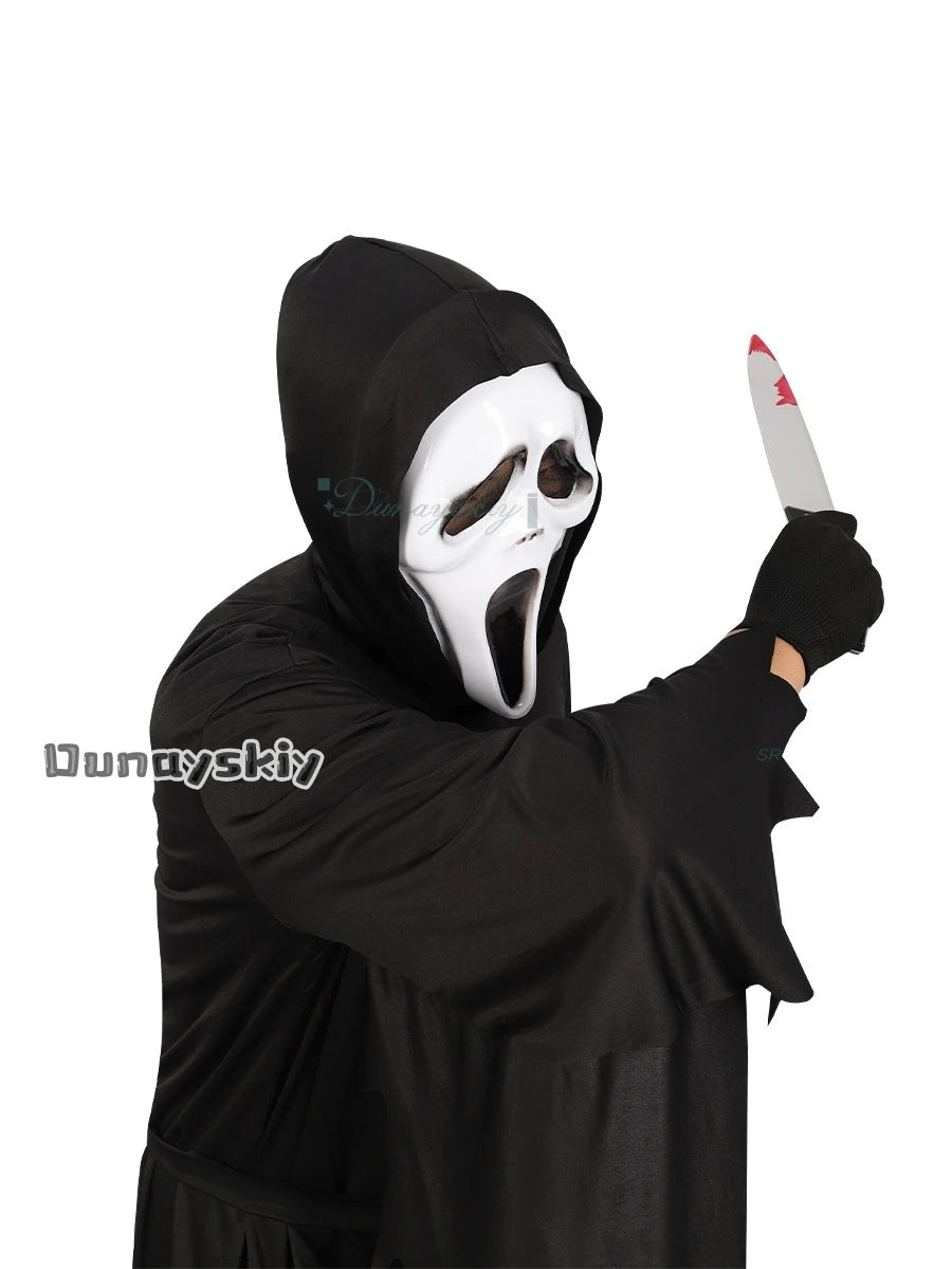 {Anna zhang Online}Scream GhostFace Cosplay Costume Children Fancy Dress Skull Mask Black Long Robe Halloween Party  Adult Kid